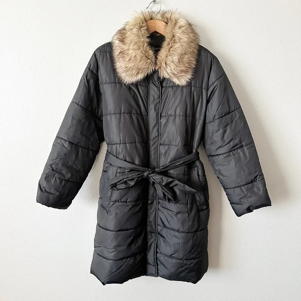 Ann Taylor Black Puffer Coat Blonde Faux Fur Collar Belted Quilted Jacket XL XXL